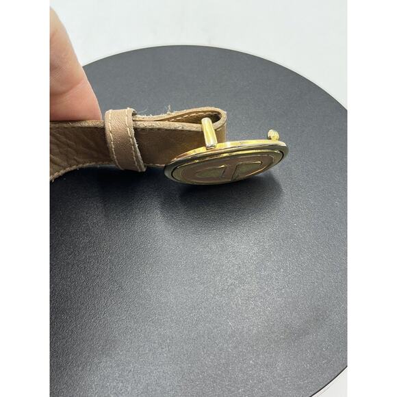 Christian Dior Tan Leather Belt Gold Tone Enamel Logo Buckle Sz Sm 30” - Picture 5 of 16